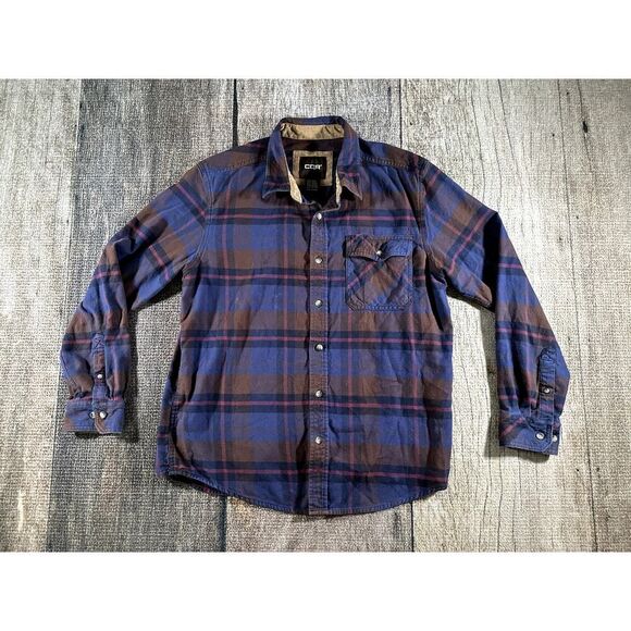 CQR Shirt Mens Large Blue Brown Plaid Flannel Long Sleeve Button Up - Picture 1 of 9